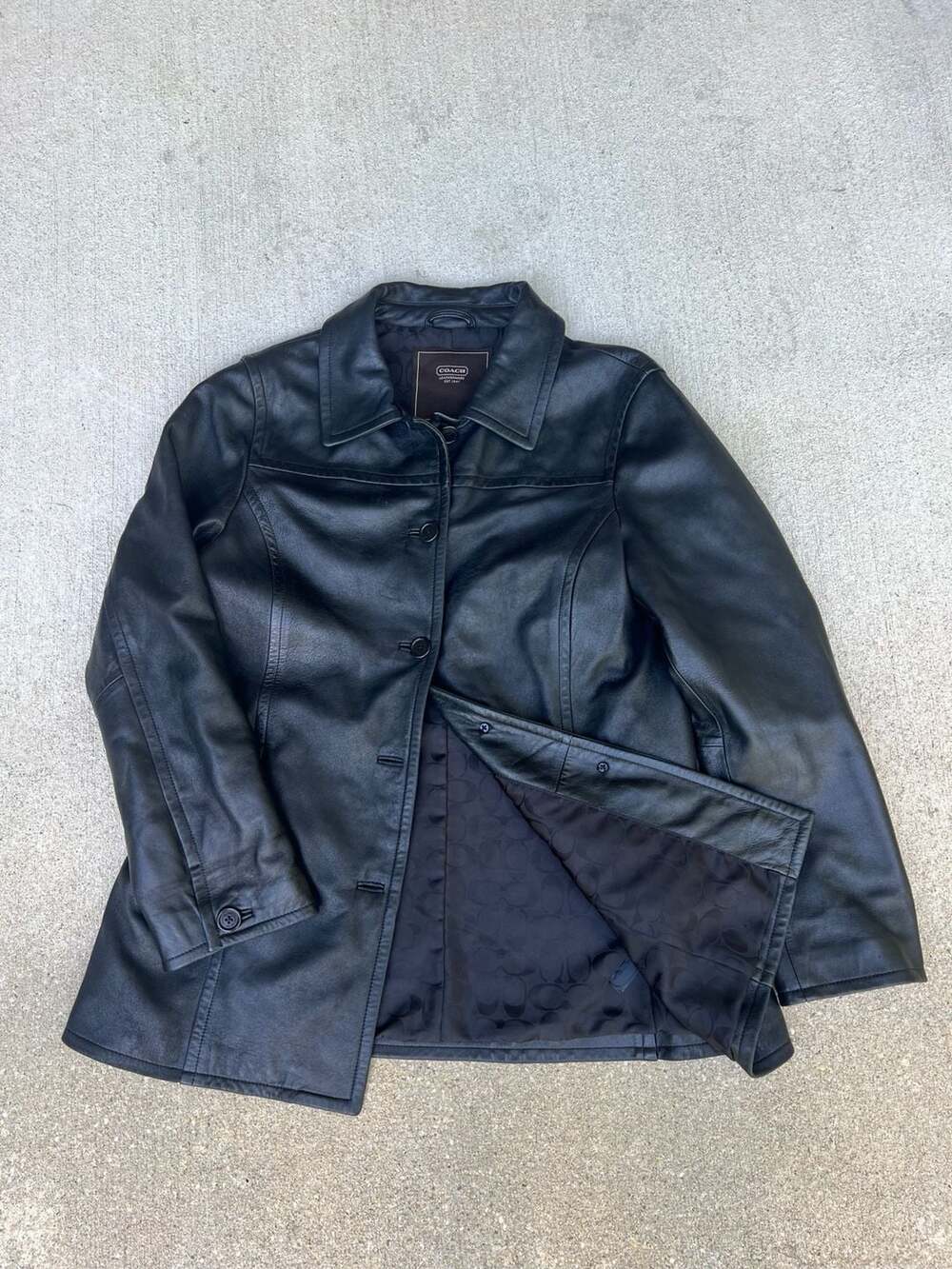 Vintage 90s Coach Black Leather Button Coat Jacket monogram lined Women’s XL